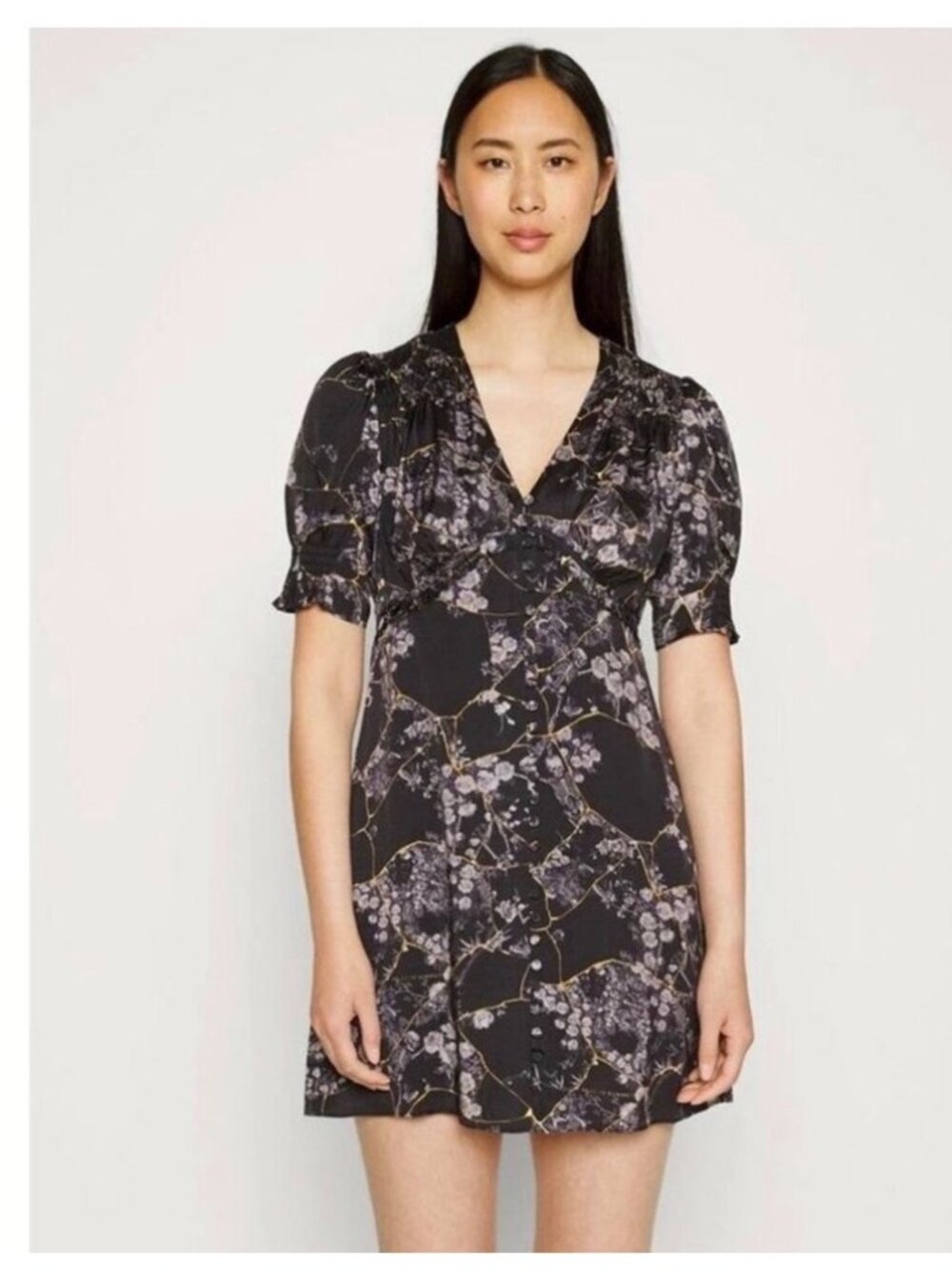 ALLSAINTS Demi Buruberu Mini Dress Size 12 Black Floral Button Front Puff Sleeve